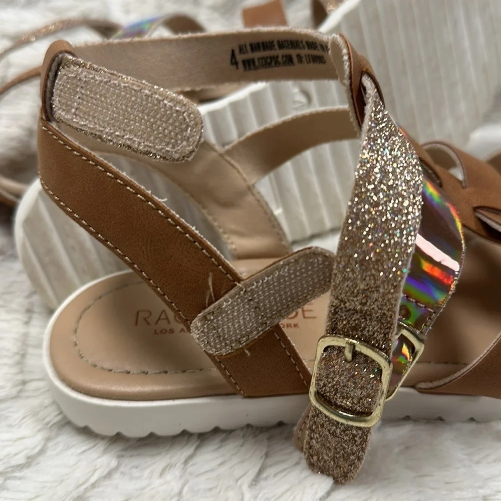 Rachel Zoe Girls Tan Shiny & Glittery Sandals VELCRO STRAPS,  Girls' 4 EUC!
